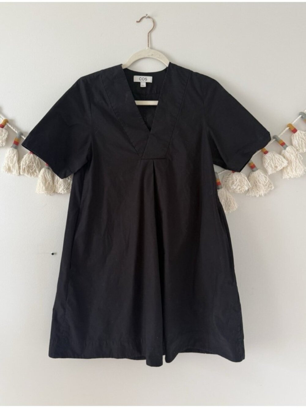COS Cotton Canvas Pleated V-neck Black Mini Shirt Dress Minimalist Preppy 2